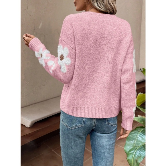 Pink Pullover Sweater Knit Flower Textured Button Front - Picture 3 of 7